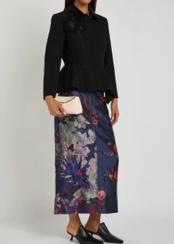 Floral-print textured satin midi skirt