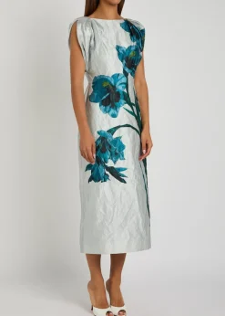 Floral-print textured satin midi dress