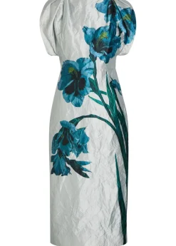 Floral-print textured satin midi dress