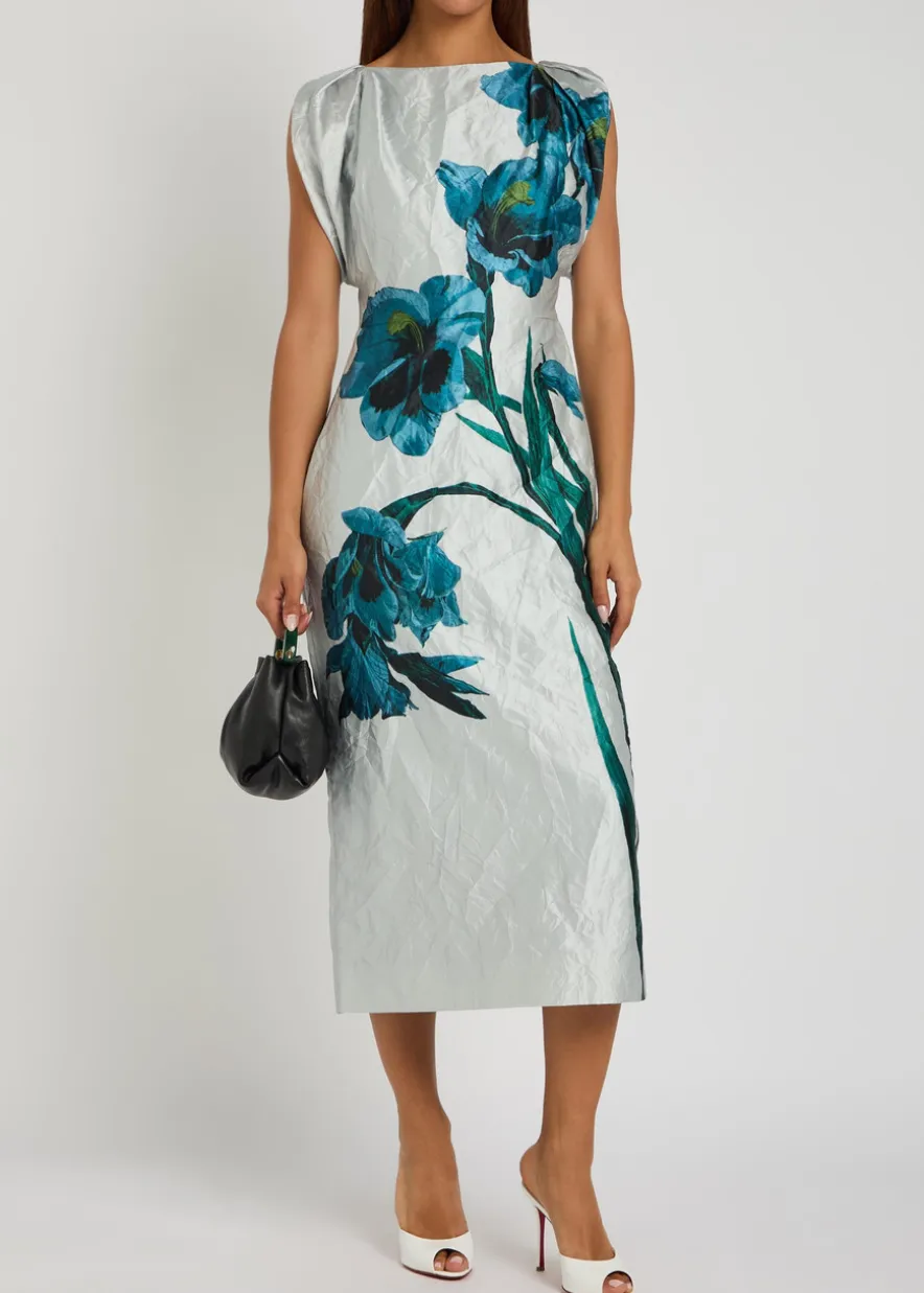 Floral-print textured satin midi dress
