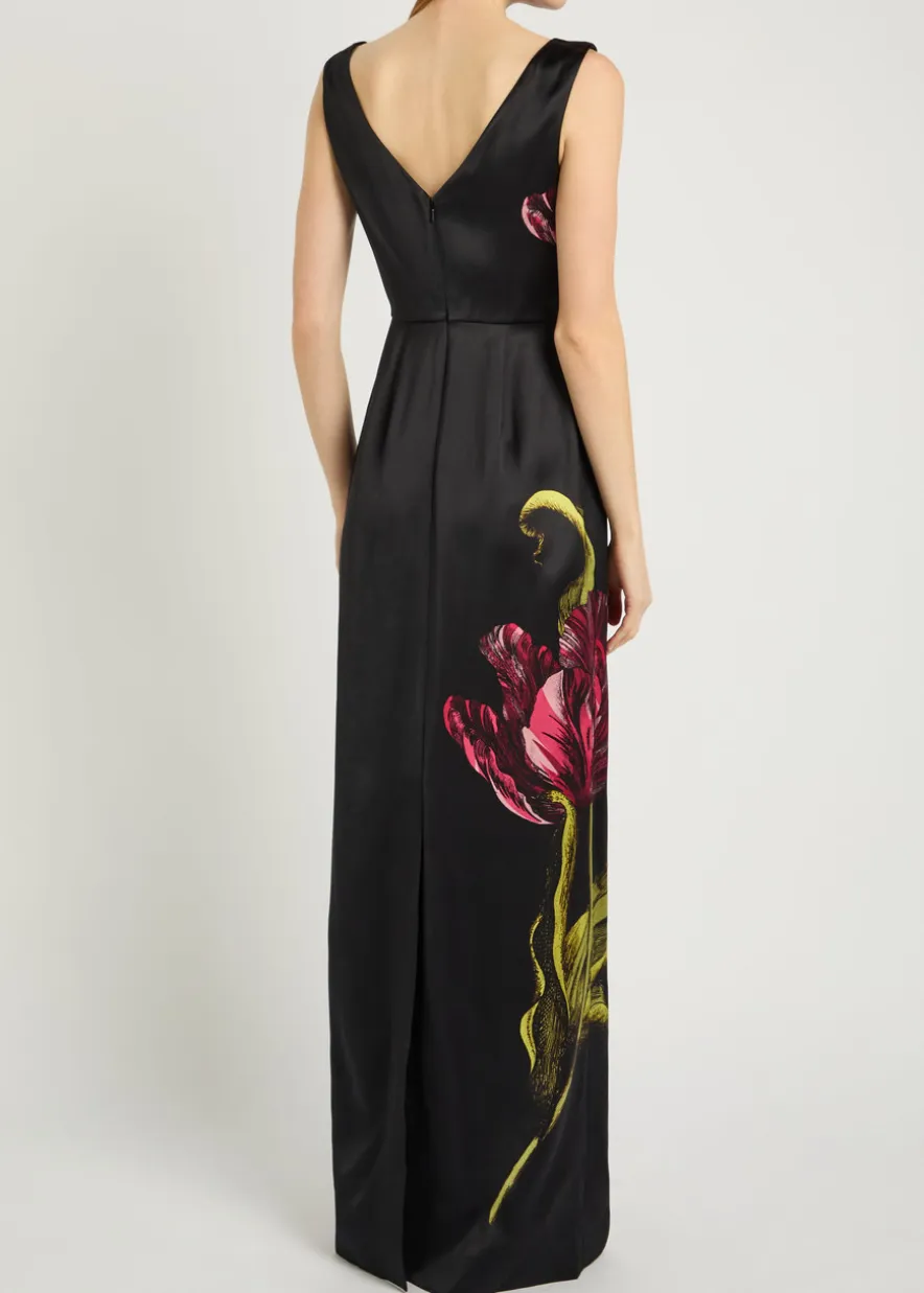 Floral wide-neck satin gown