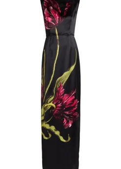 Floral wide-neck satin gown