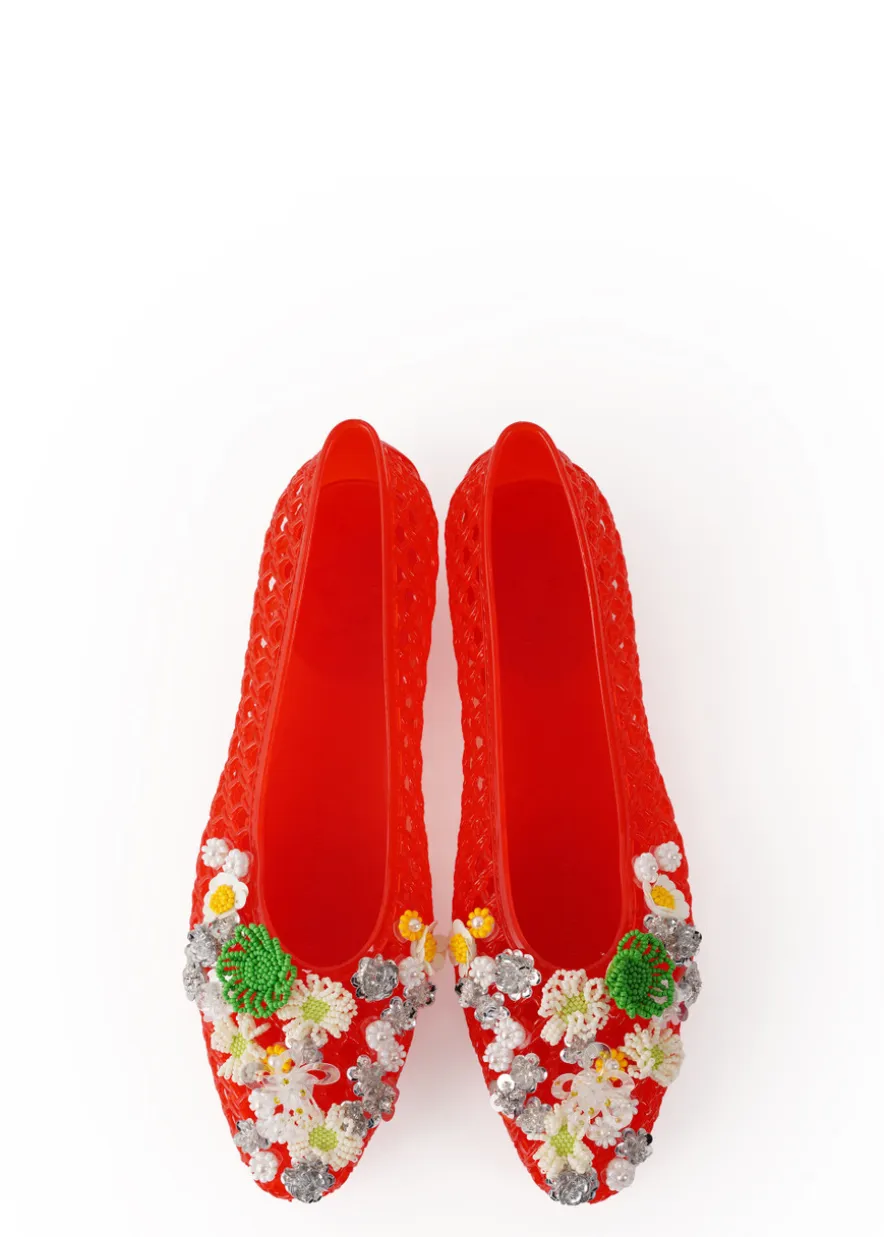 Flower-embellished jelly ballet flats