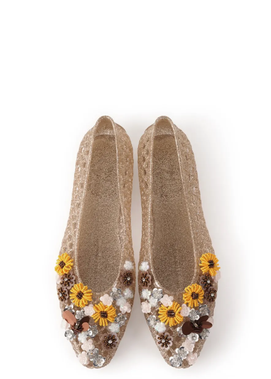 Flower-embellished jelly ballet flats