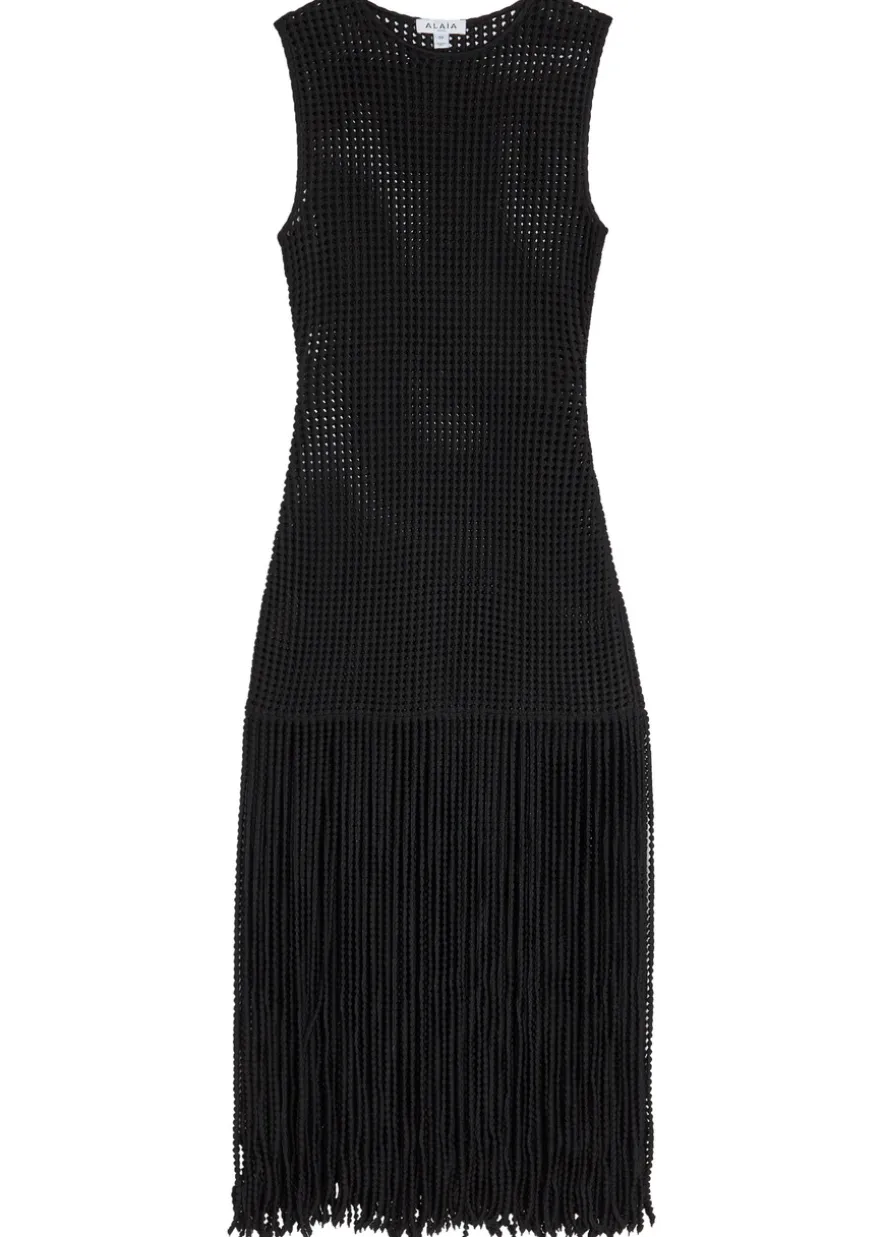 Fringed open-knit midi dress