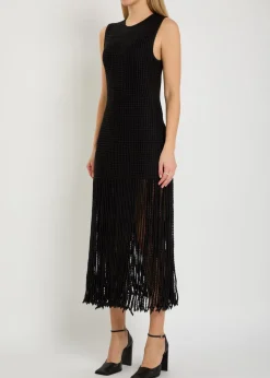 Fringed open-knit midi dress