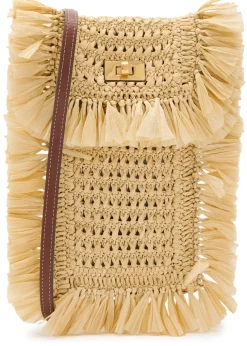 Fringed raffia and leather cross-body phone pouch