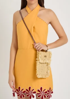 Fringed raffia and leather cross-body phone pouch