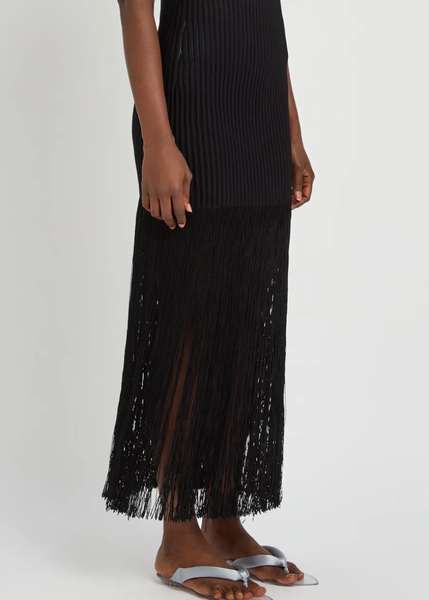 Fringed ribbed-knit skirt