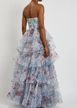 Gabriella floral-print strapless linen-blend gown
