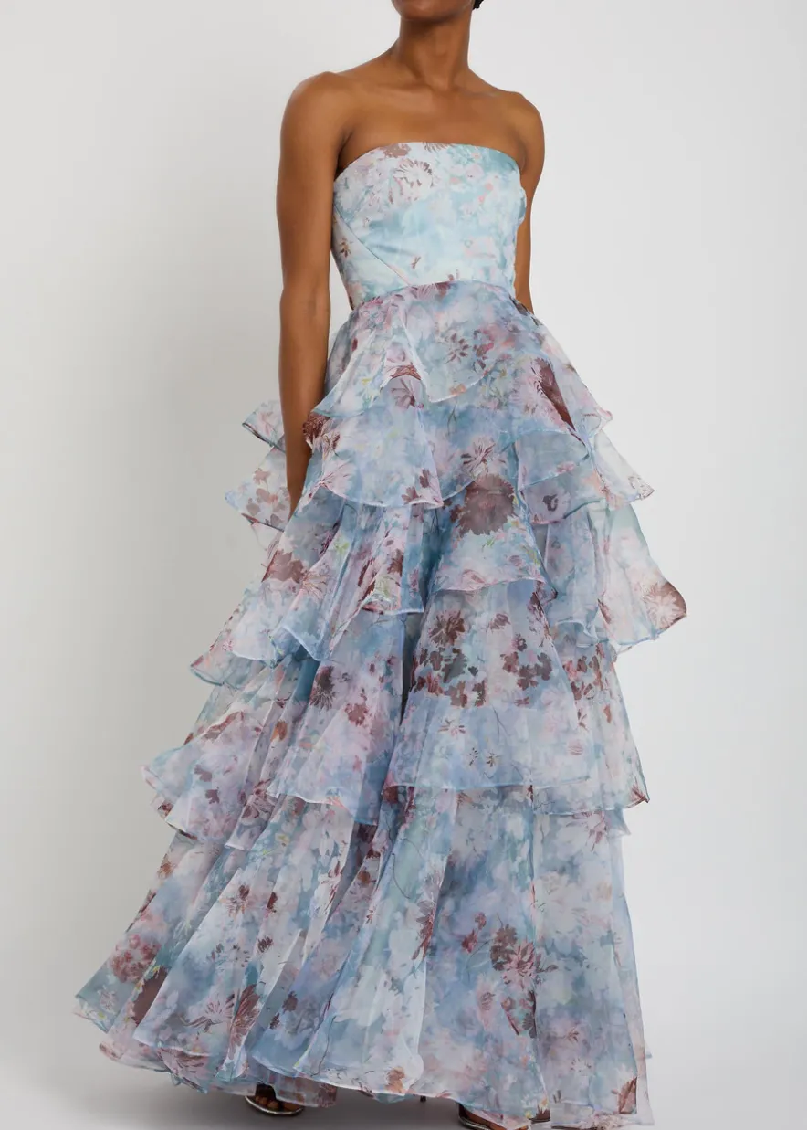 Gabriella floral-print strapless linen-blend gown