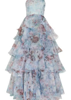 Gabriella floral-print strapless linen-blend gown