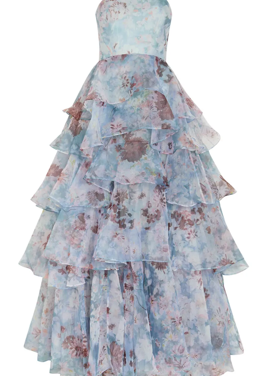 Gabriella floral-print strapless linen-blend gown