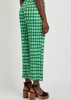 Gingham pleated straight-leg woven cropped trousers