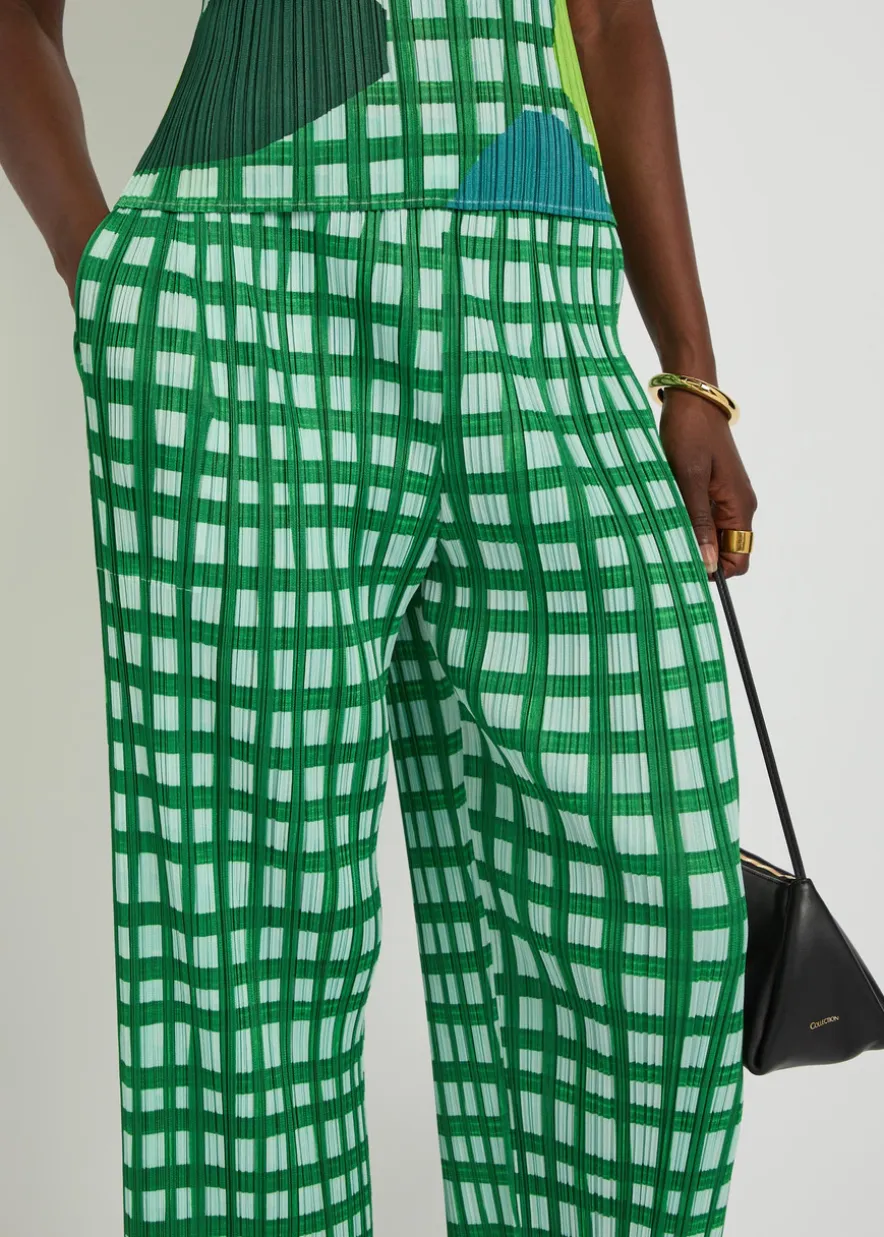 Gingham pleated straight-leg woven cropped trousers