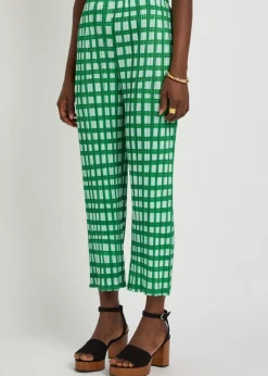 Gingham pleated straight-leg woven cropped trousers