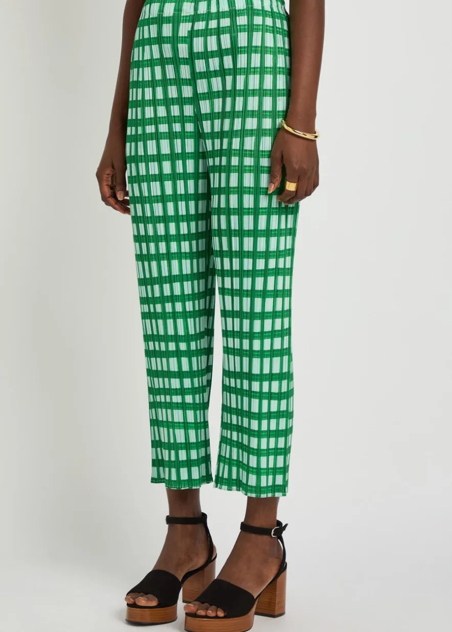 Gingham pleated straight-leg woven cropped trousers