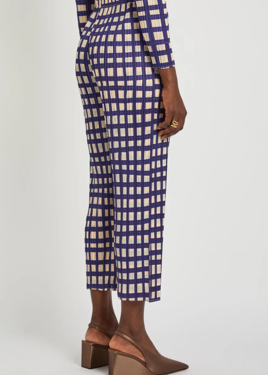 Gingham pleated straight-leg woven cropped trousers