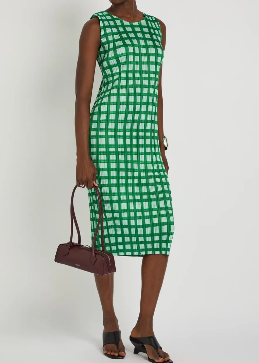 Gingham pleated woven midi dress