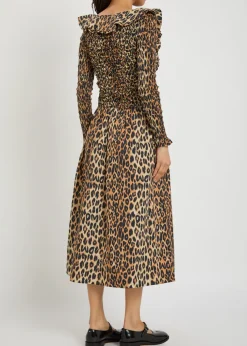 Harper leopard shirred cotton-poplin midi dress