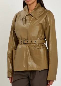 High-neck coated cotton wrap jacket