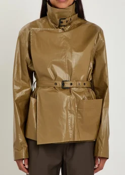 High-neck coated cotton wrap jacket