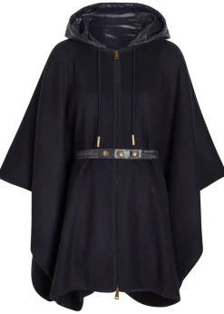 Hooded belted wool-blend cape coat