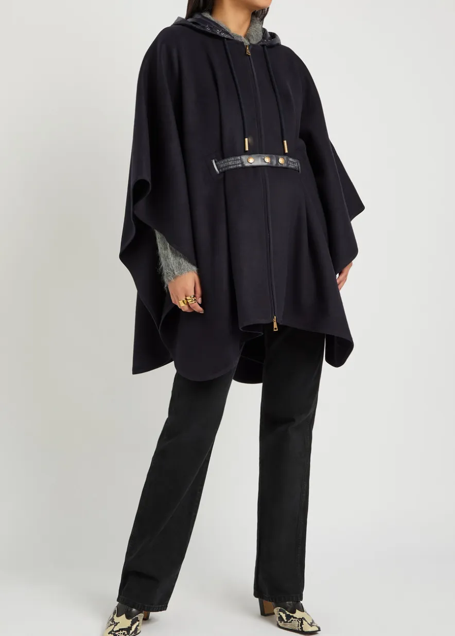 Hooded belted wool-blend cape coat
