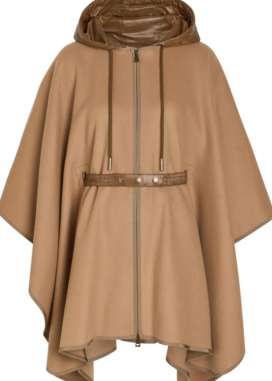 Hooded belted wool-blend cape coat
