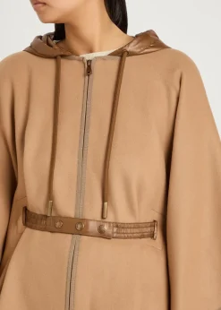 Hooded belted wool-blend cape coat