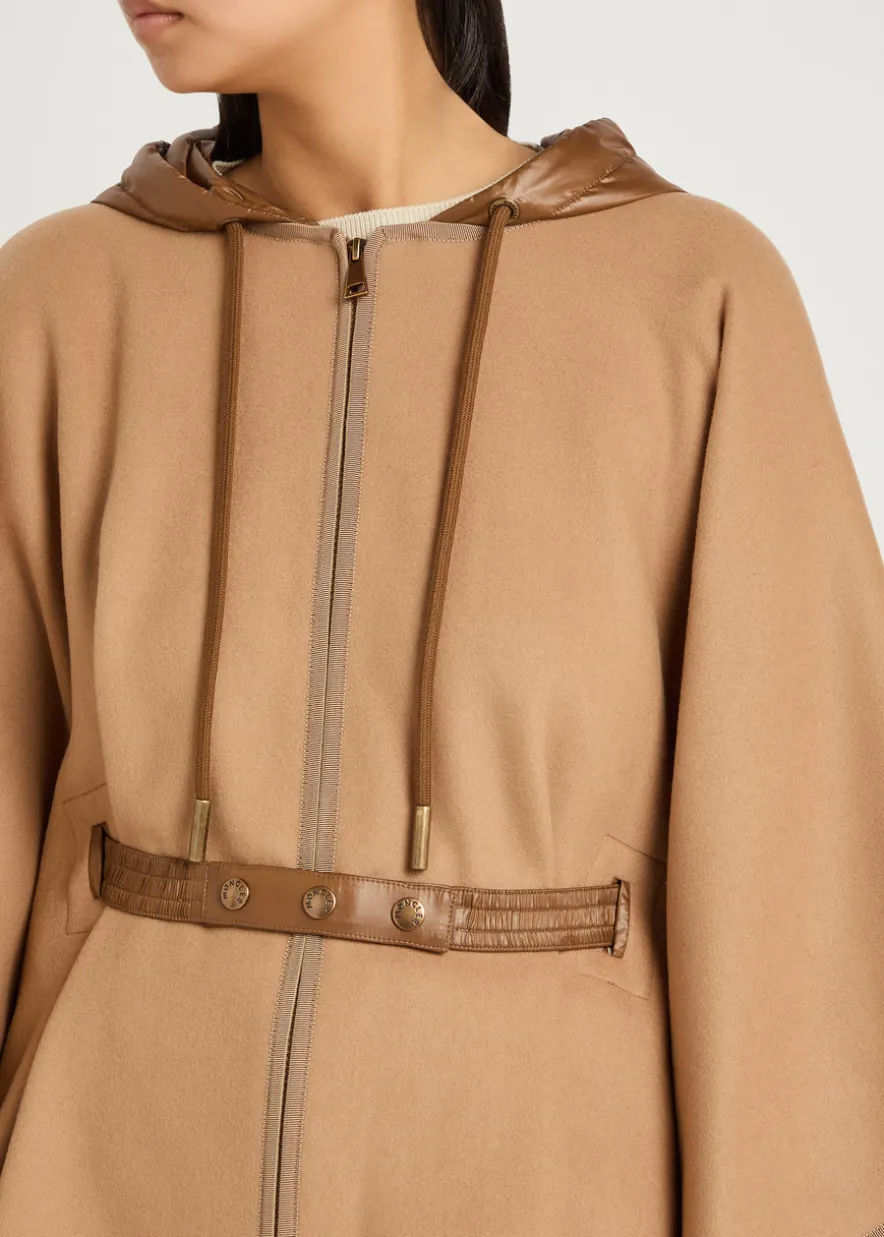Hooded belted wool-blend cape coat