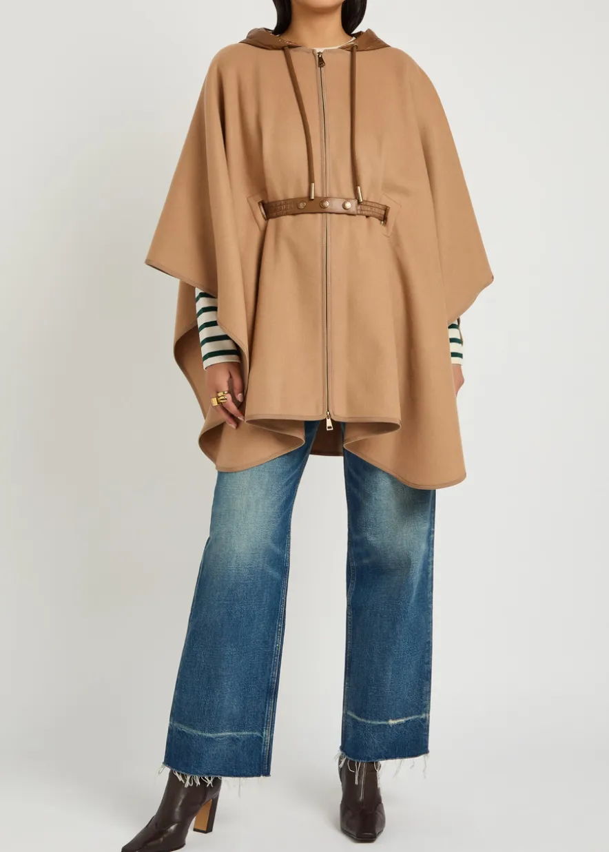 Hooded belted wool-blend cape coat