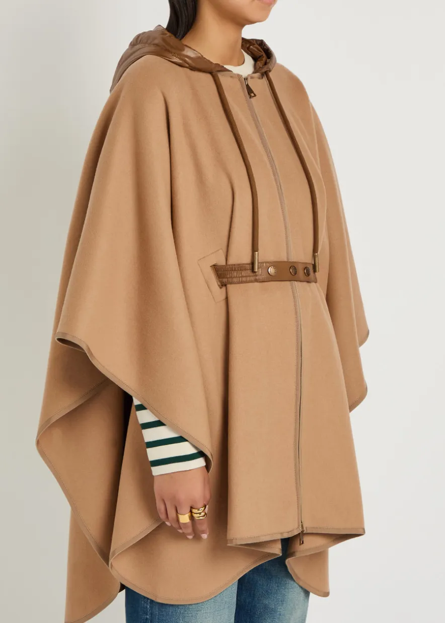 Hooded belted wool-blend cape coat