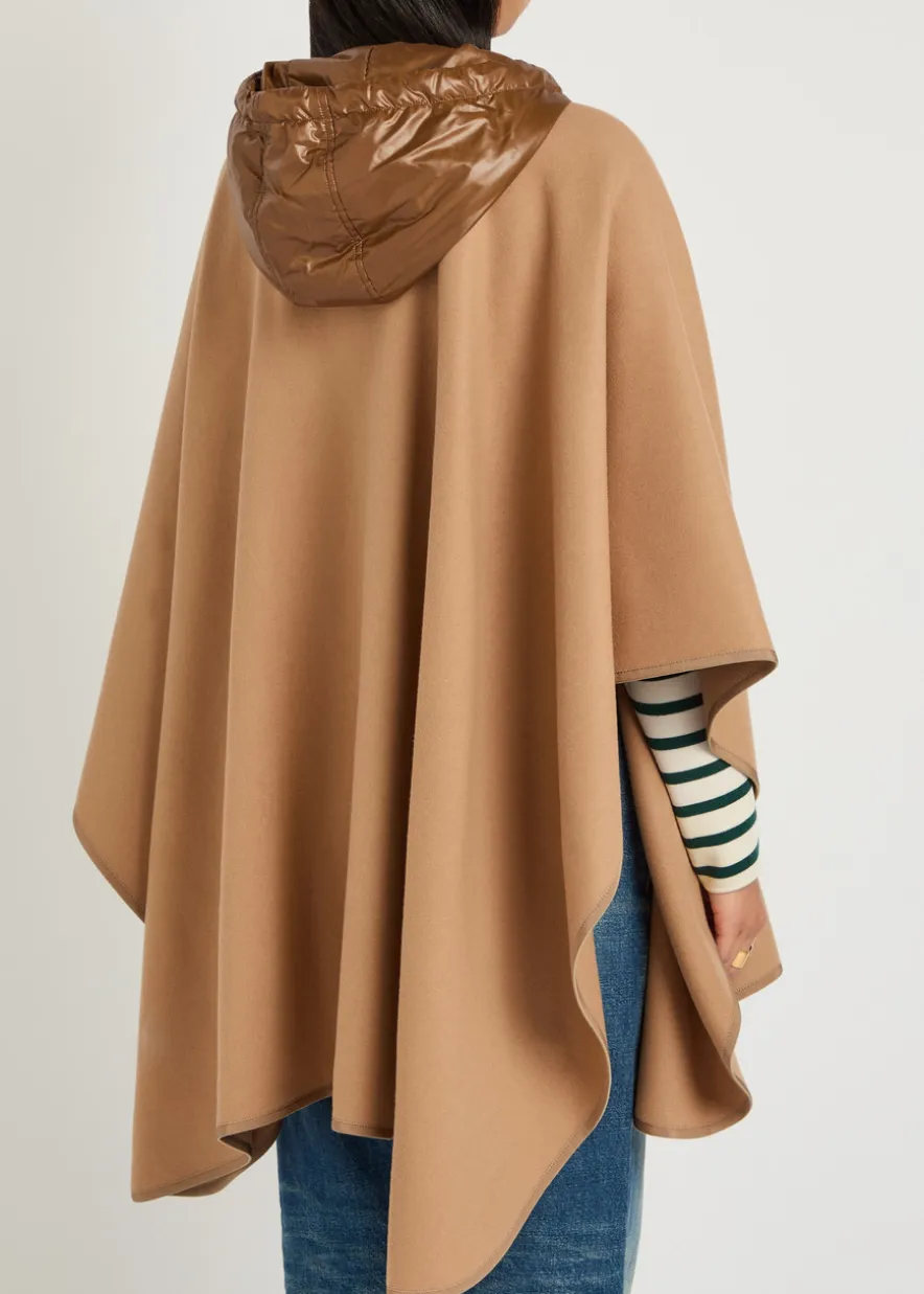 Hooded belted wool-blend cape coat