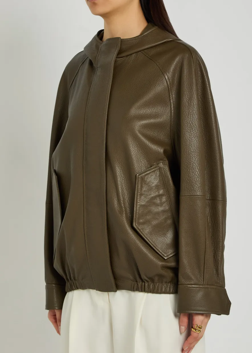 Hooded grained leather jacket