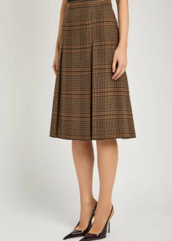 Houndstooth inverted-pleat wool midi skirt