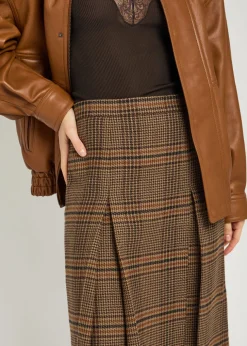 Houndstooth inverted-pleat wool midi skirt
