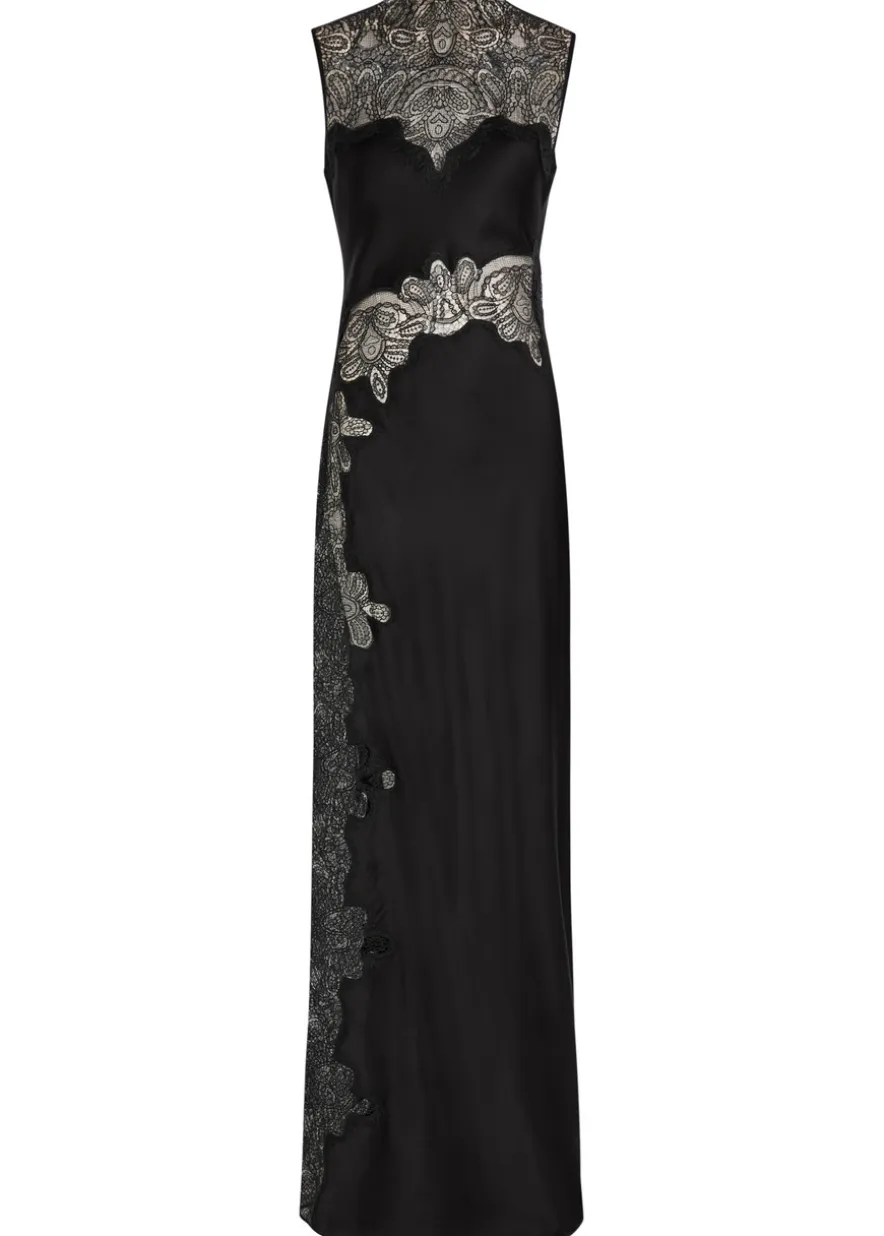 Jamila high-neck lace satin maxi dress