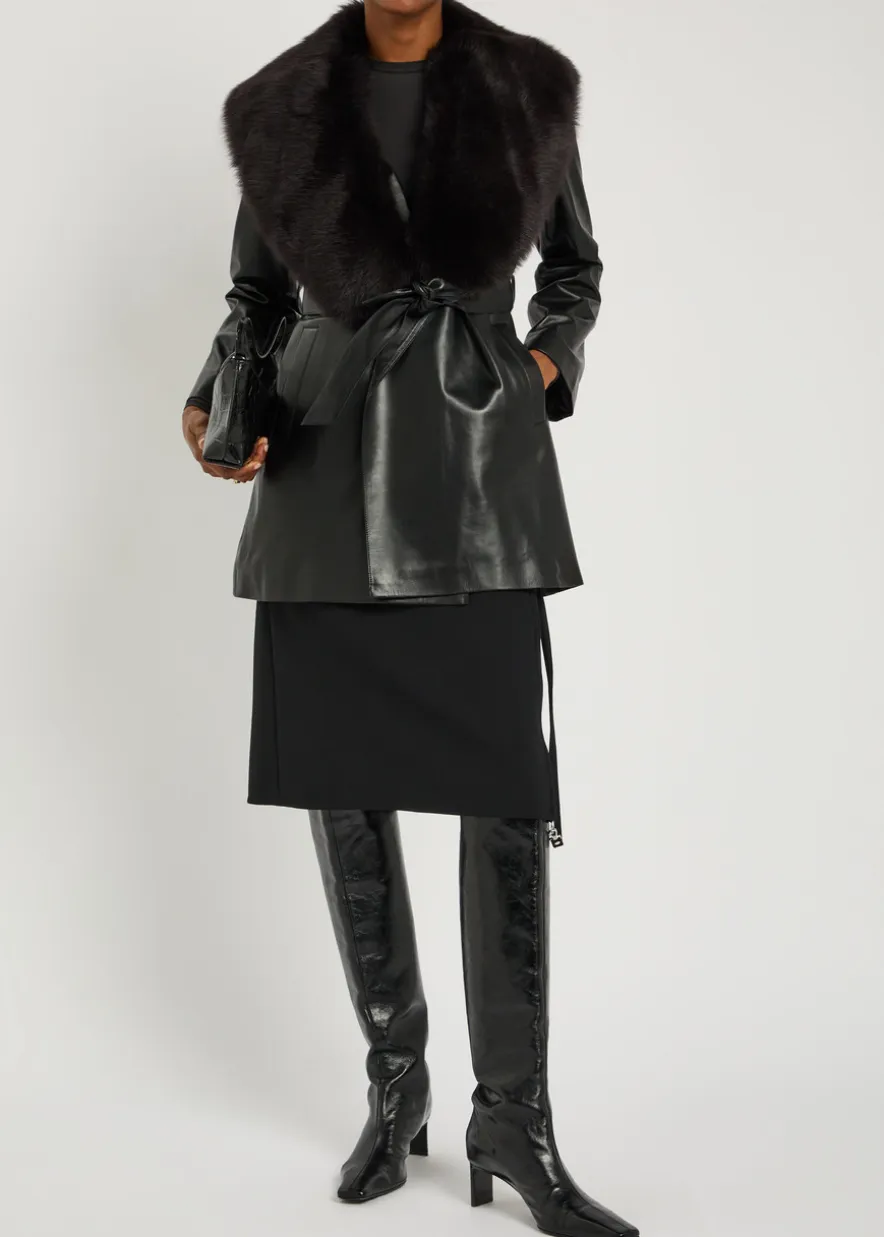Kelsey fur-trimmed belted leather jacket