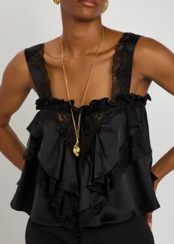 Lace-embellished ruffled silk blouse