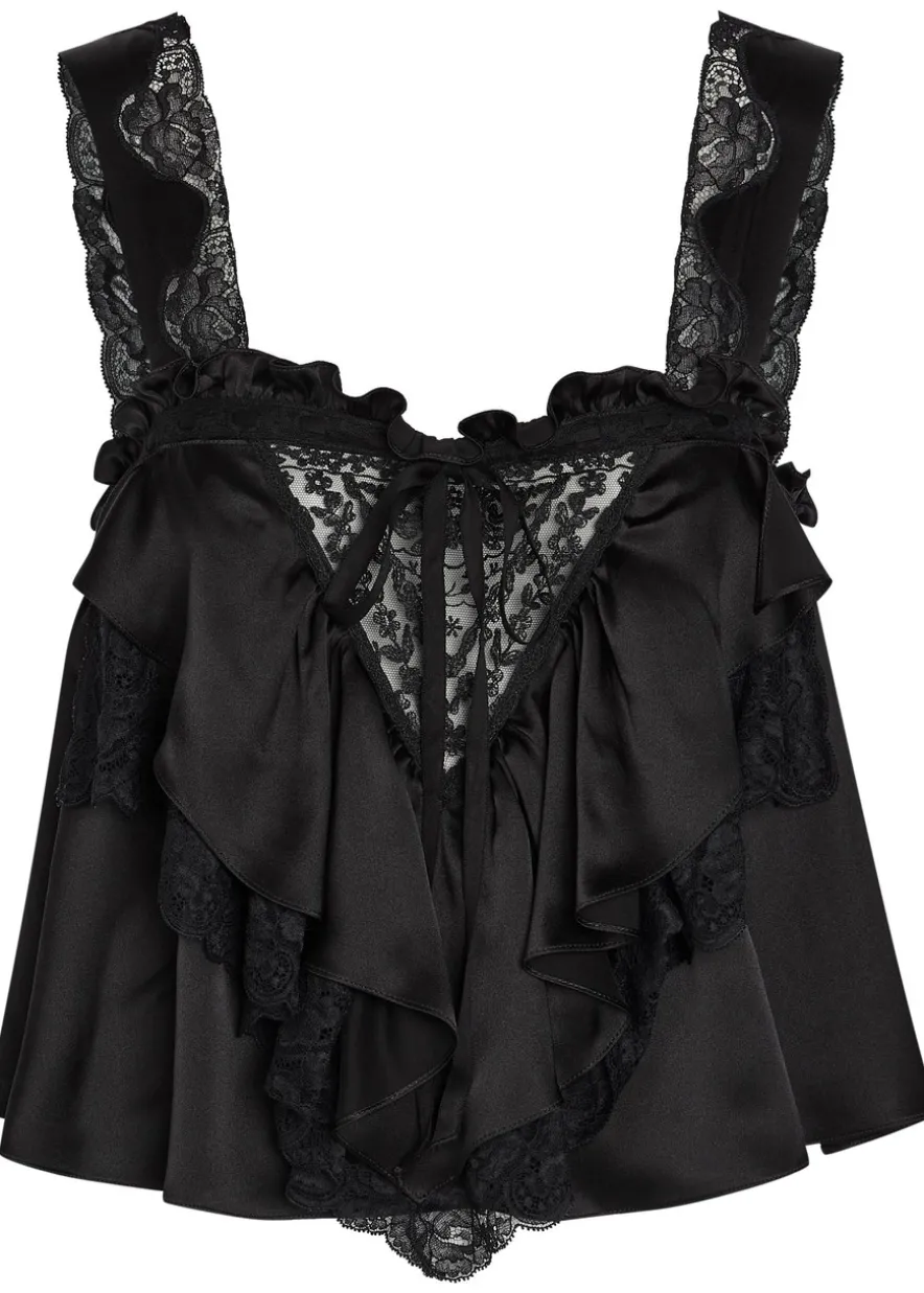 Lace-embellished ruffled silk blouse