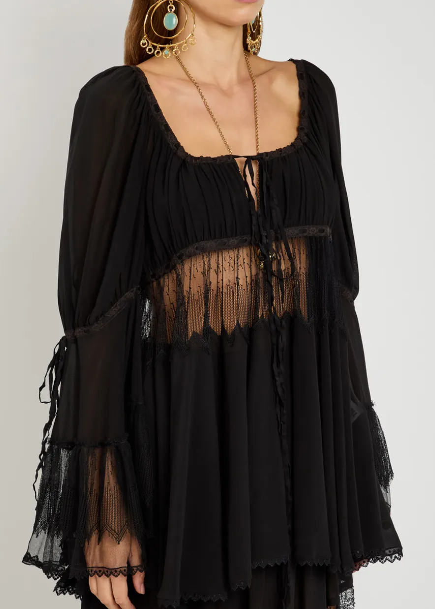 Lace-embellished silk-chiffon blouse