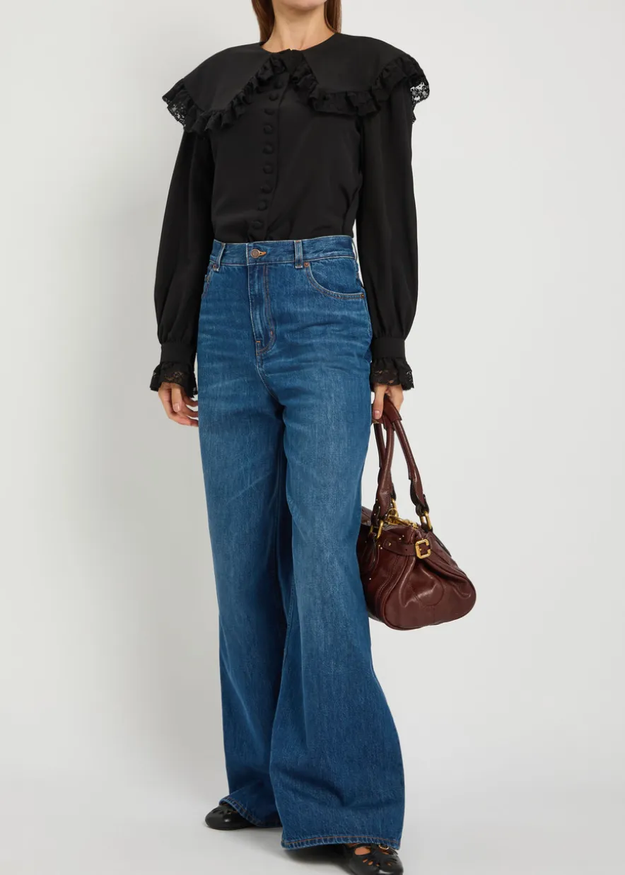 Lace-embellished silk-georgette blouse