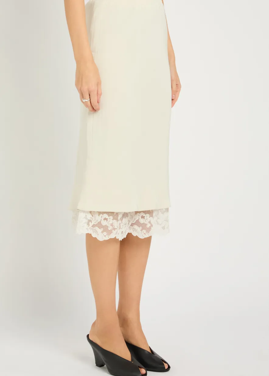 Lace-hem satin-twill midi skirt