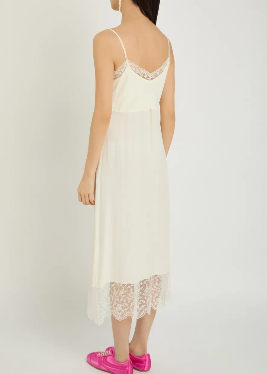 Lace-trimmed crepe de chine midi dress