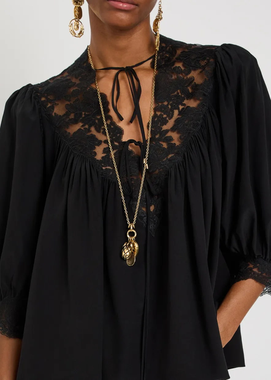Lace-trimmed silk blouse