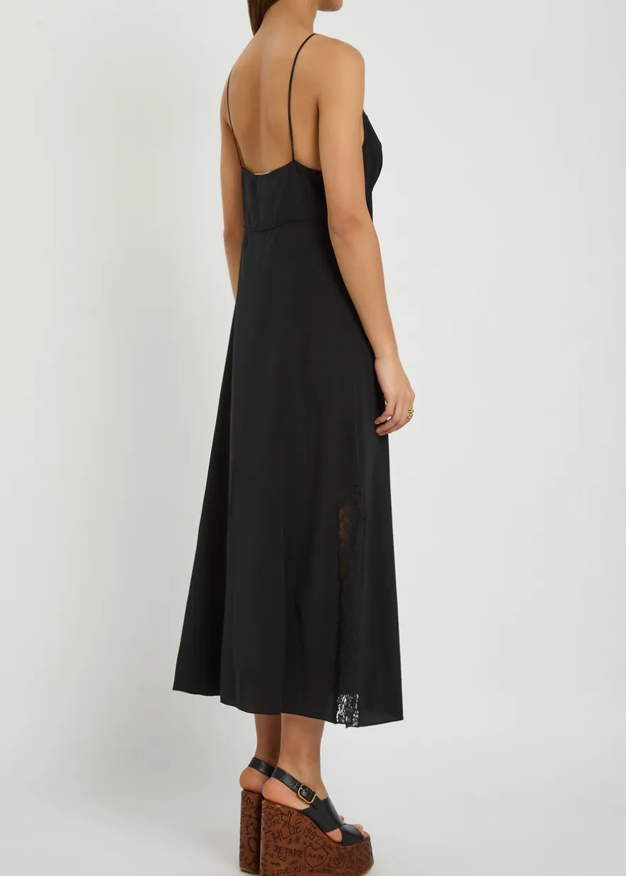 Lace-trimmed silk midi dress