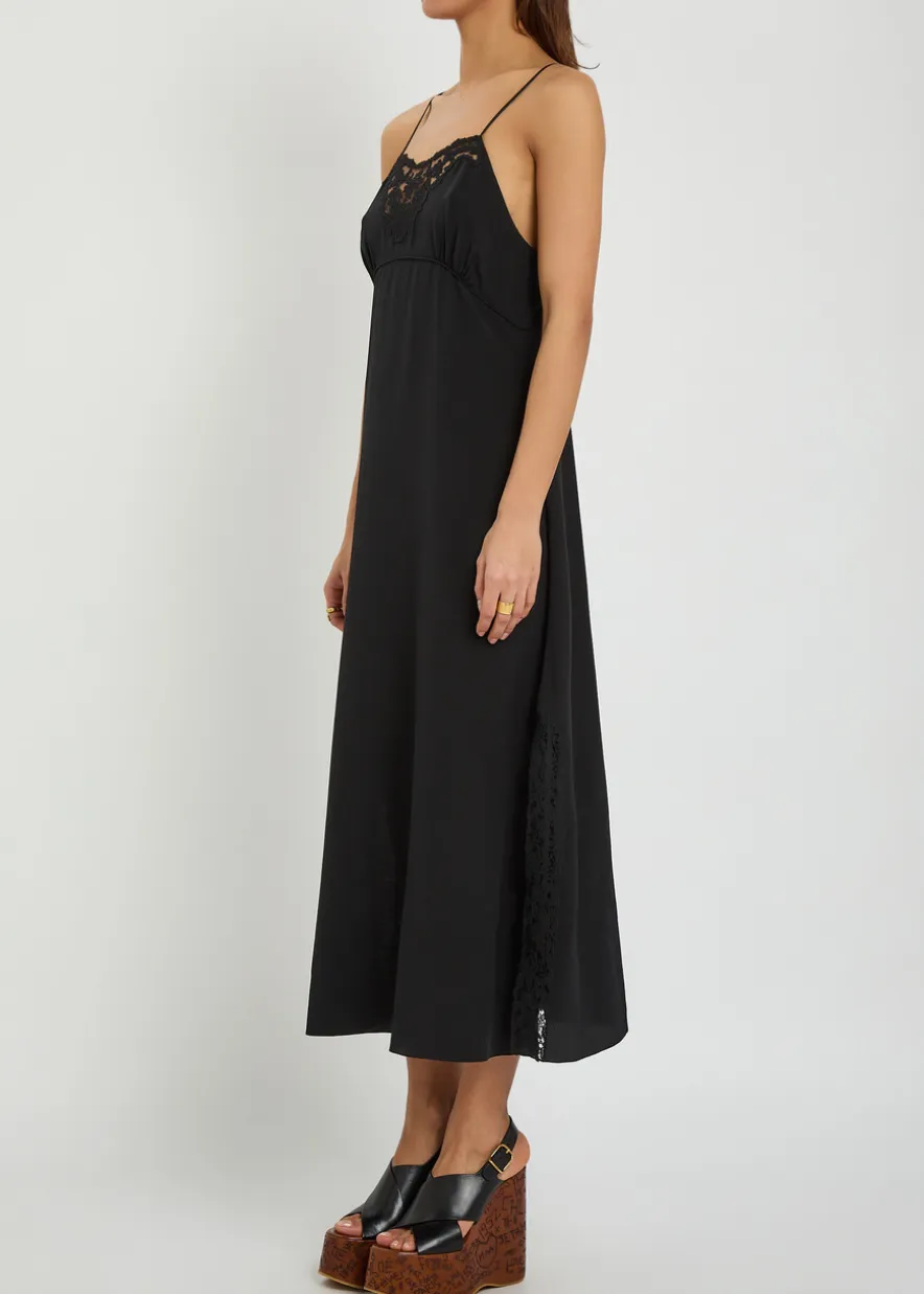 Lace-trimmed silk midi dress