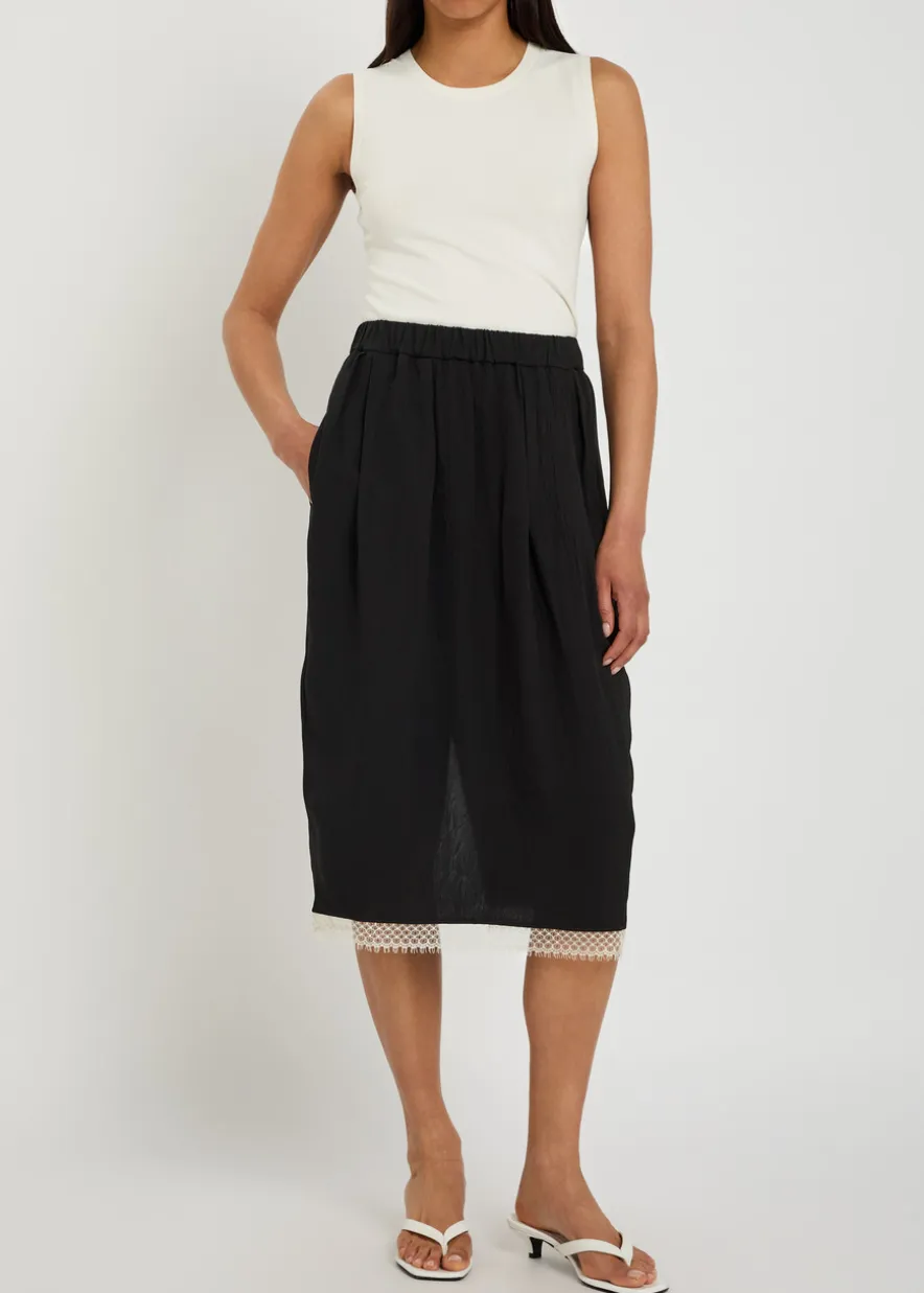 Lace-trimmed woven midi skirt