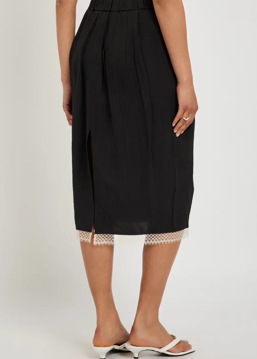 Lace-trimmed woven midi skirt